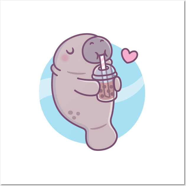 Cute Manatee Loves Drinking Boba Tea Wall Art by rustydoodle